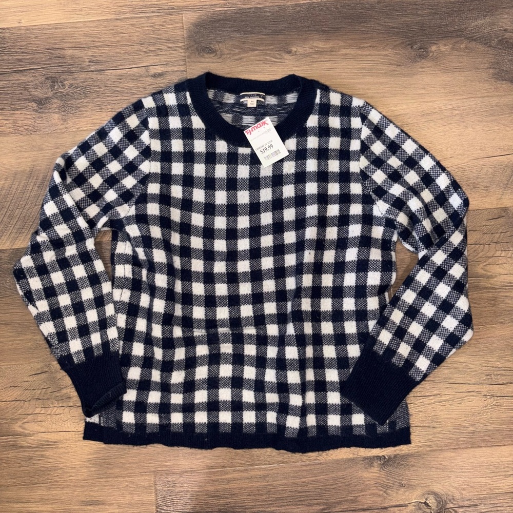 J. Crew Navy and White Gingham Crewneck Sweater